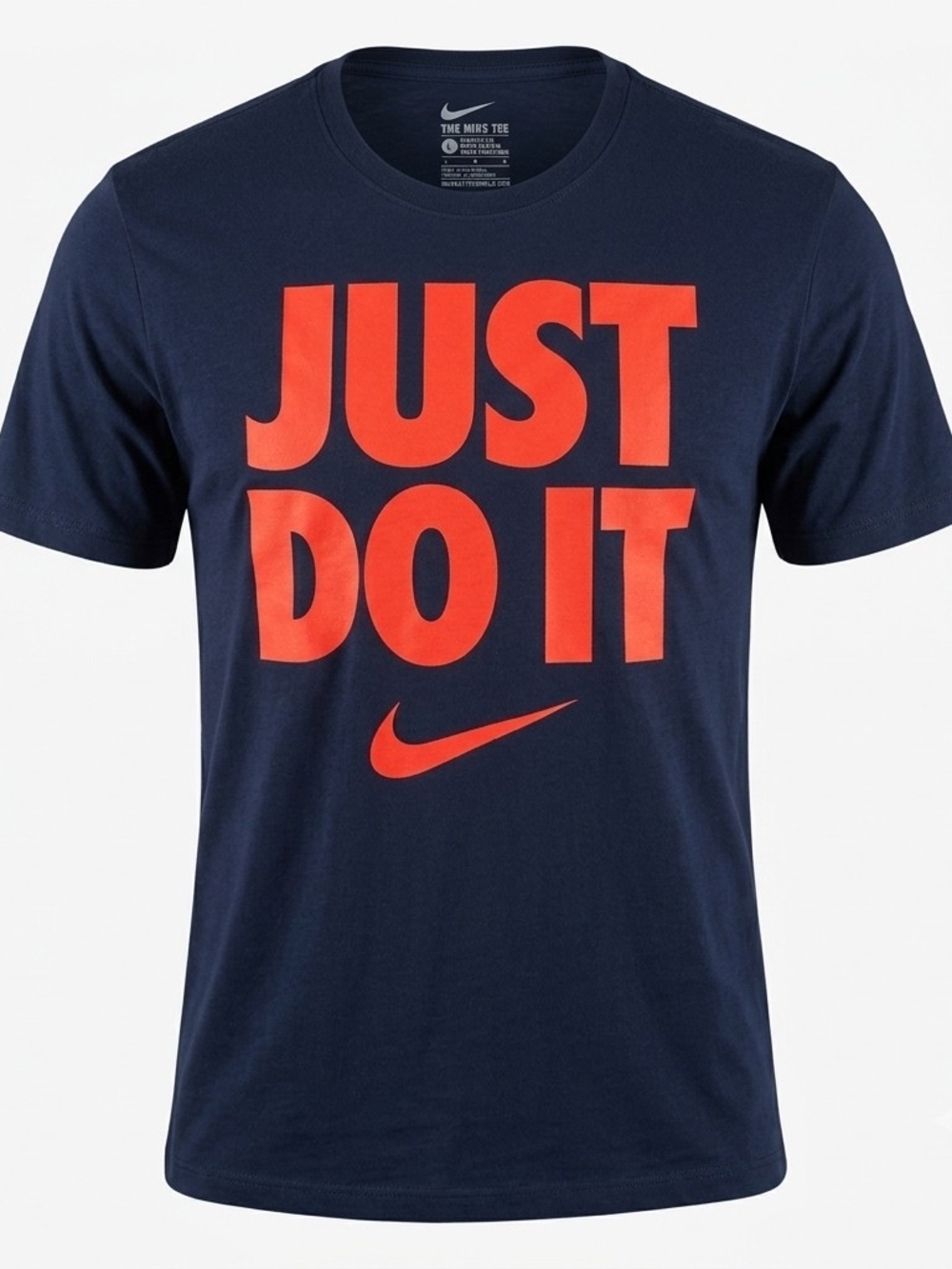 Nike "Just Do It" Graphic T-Shirt - Men's Size Large (Navy/Orange)